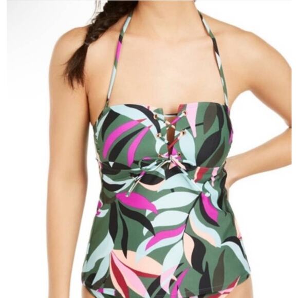 Hula Honey Olive Tropics Print Convertible Tankini - S - Picture 1 of 6